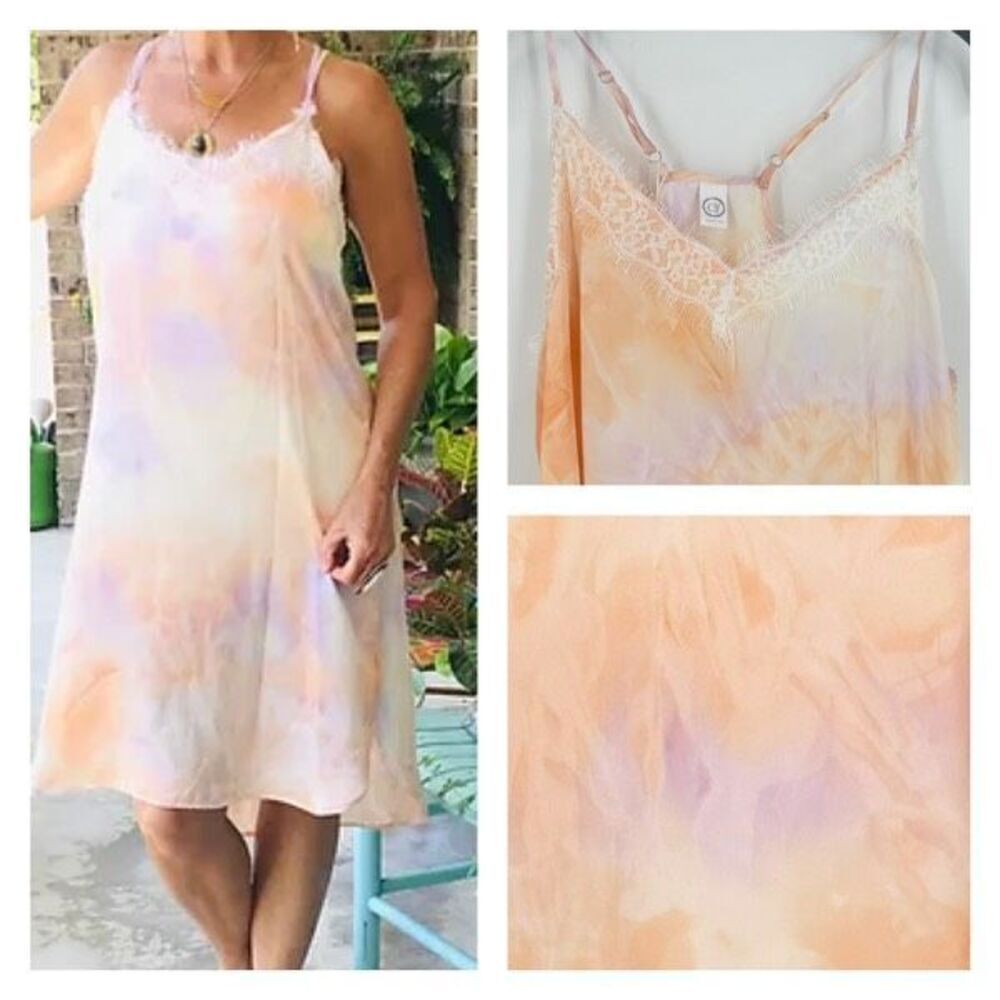 NWT Boutique‎ Peach & Purple Tie Dye Slip Dress Medium Lacey Satin Slinky Midi